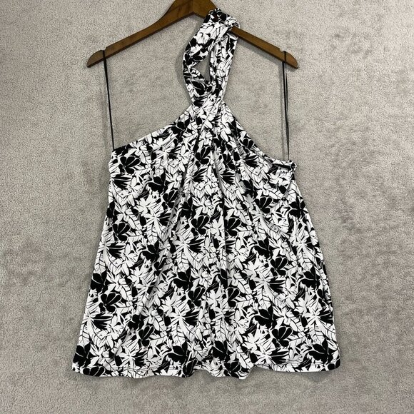 NEW Michael Kors Halter Top Womens L Keyhole-Neck Tropical Black White - Picture 2 of 9